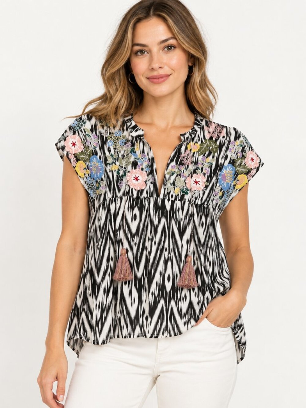 Sorrento Embroidered Ikat Blouse Top Floral Tassels Black White Size M NWT